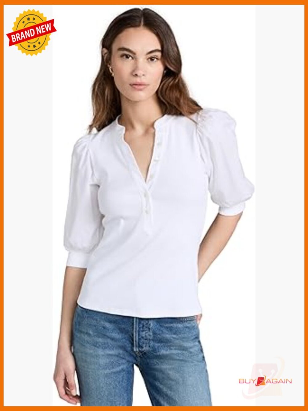 Ribbed Knit Puff Sleeve Henley Top Classic Fit T-Shirt